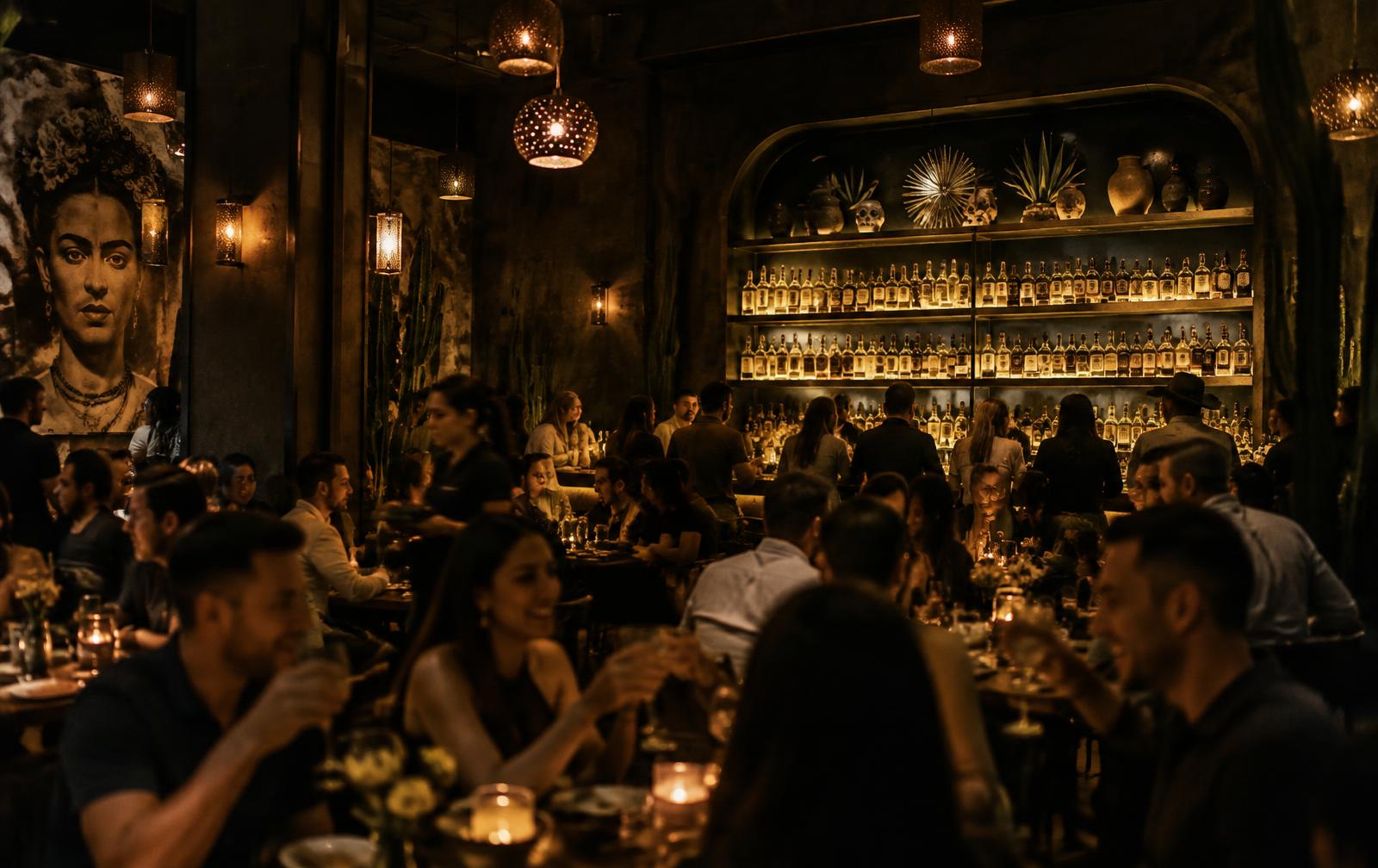 The warm, dim interior of a Machete dining room