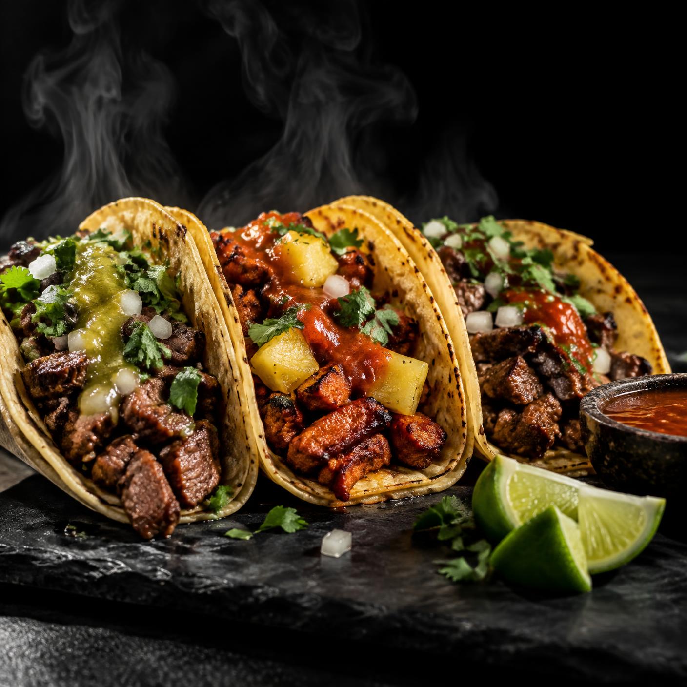 Three street-style tacos on hand-pressed corn tortillas